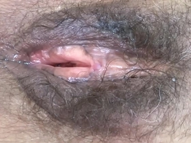 I show off my big hairy pussy after being fucked very hard by huge cocks